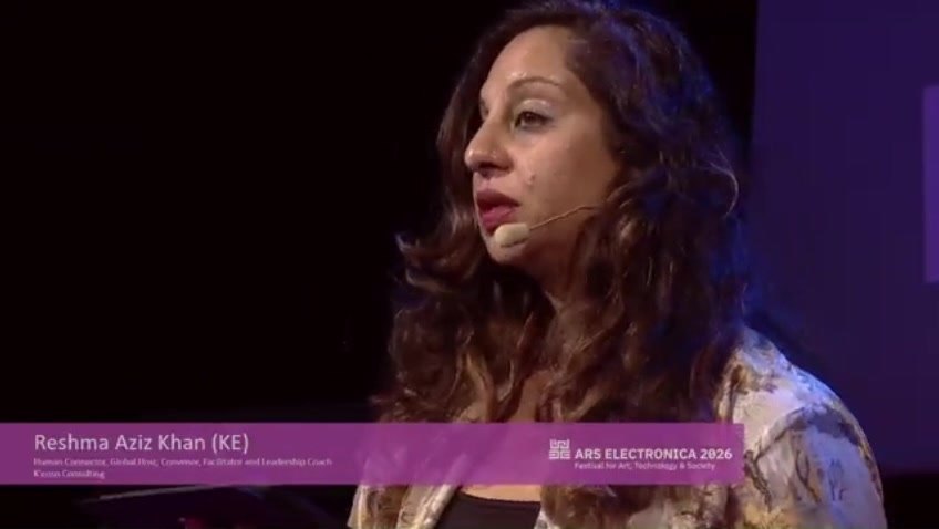 Reshma Aziz Khan on stage at Ars Electronica 2026, Linz, quoting Rahim Hirji on AI and human judgement